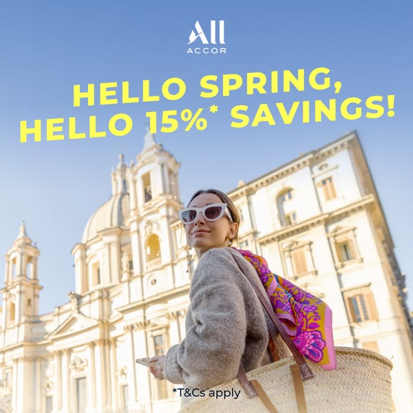 This image ad for ALL Accor promotes a 15% savings offer for the spring season. It features a woman with a city view in 