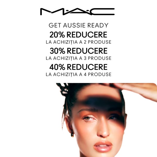 This image ad for MAC cosmetics features a model with makeup and an offer for discounts based on the number of products 