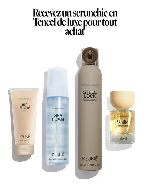 This ad promotes Keune haircare products. It features a curated selection of products displayed against a clean, white b
