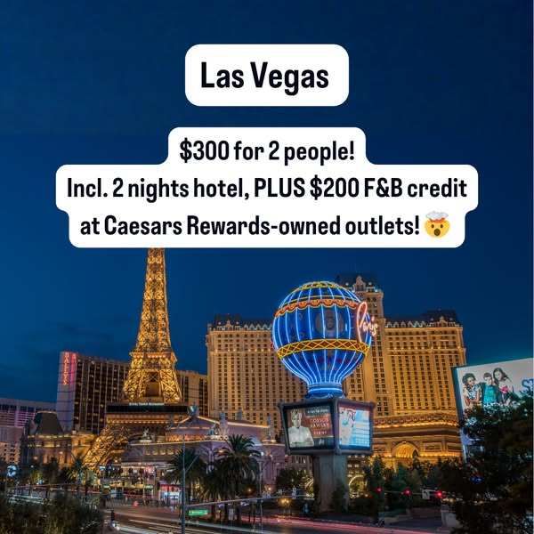 This image ad promotes a Las Vegas getaway for two people. The offer includes a two-night hotel stay and a $200 food and