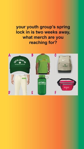 The ad asks the viewer what items they would reach for as merchandise for their youth group's spring lock in event.