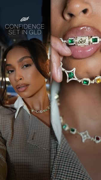 This ad for GLD features a woman wearing jewelry including a grill, necklace, and earrings. The jewelry is set with diam