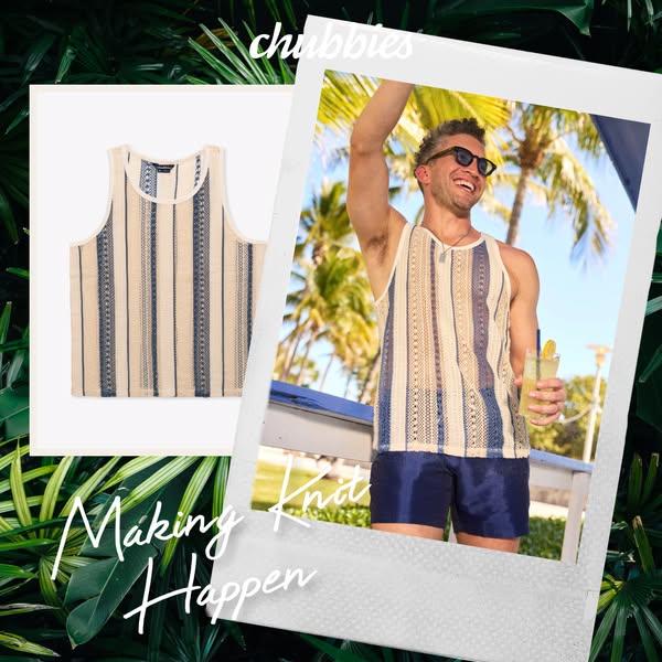 This ad for Chubbies features an image of a knit tank top in two scenarios: product-only shot and worn by a man holding 