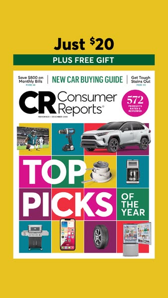 The image ad promotes a subscription to Consumer Reports magazine for $20 and includes a free gift. The ad showcases the