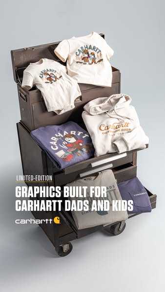 This image showcases a variety of Carhartt clothing items designed for both dads and kids. The clothing is displayed in 