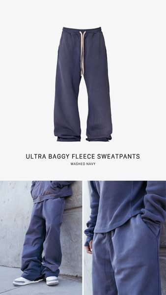 This ad showcases a pair of 'Ultra Baggy Fleece Sweatpants' in Washed Navy. The images provide multiple angles a