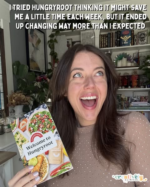 A woman shares her positive experience using Hungryroot, stating that it changed way more than she expected, while holdi