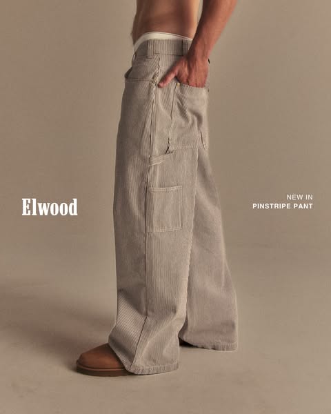This ad showcases Elwood's new pinstripe pant, emphasizing its fit and fabric.