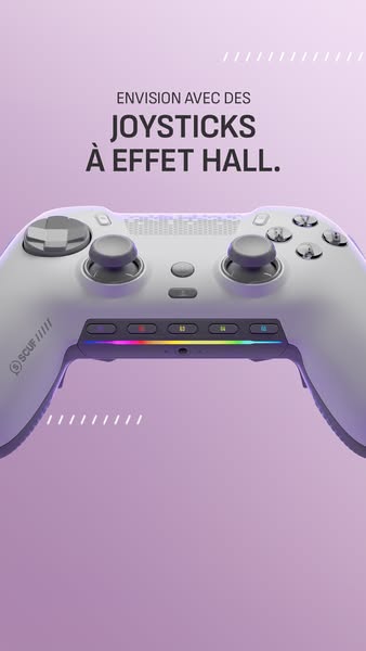 This ad showcases the SCUF Envision controller, highlighting its Hall effect joysticks. The ad uses a clean, visually ap