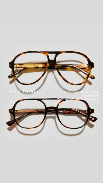 This image ad showcases two different pairs of Jimmy Fairly glasses against a neutral background. The ad includes text h