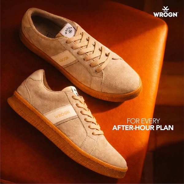 An eye-level shot showcases WRONG brand sneakers, emphasizing their suitability for after-hour plans. The image focuses 
