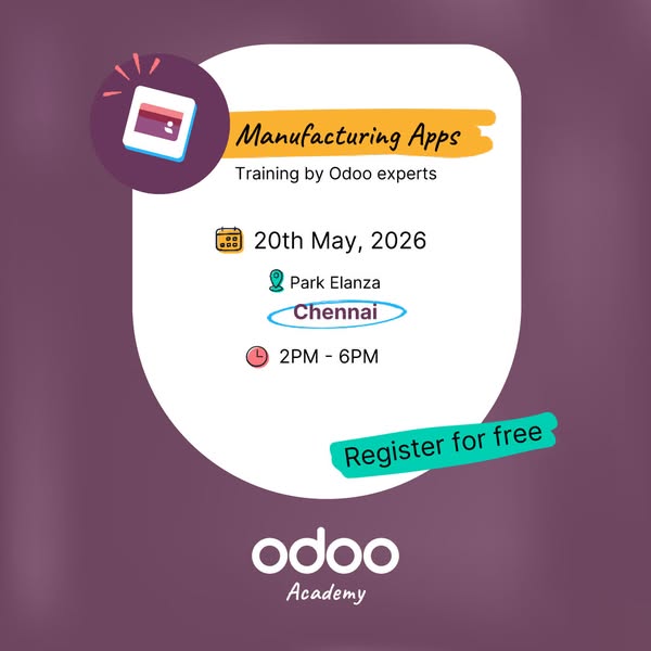 This ad promotes an in-person training session on Manufacturing Apps with Odoo experts. It prominently features the Odoo