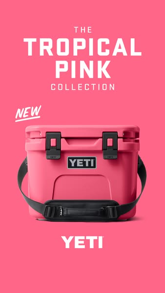 This image ad showcases the new Tropical Pink collection from YETI. The ad features a pink background with the brand'