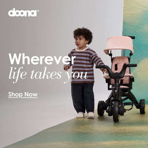 This ad for Doona promotes the Liki Trike S5, showing a young child standing next to the trike on a gradient background.