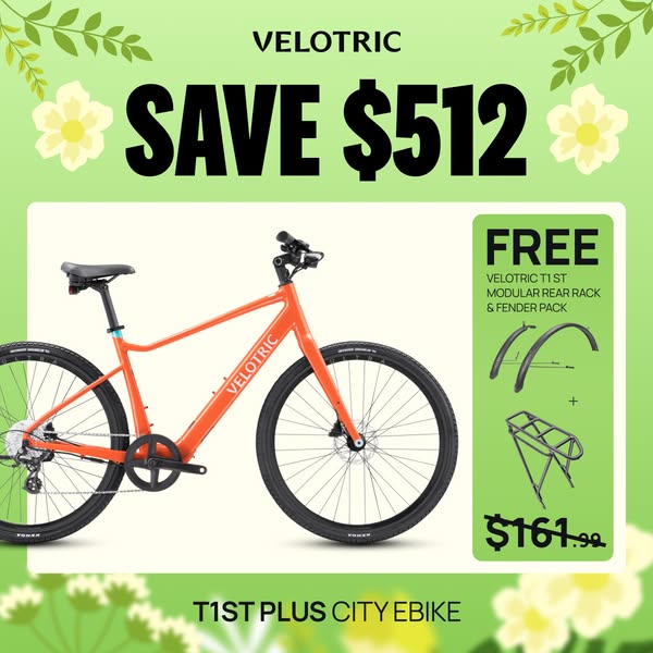 This image ad promotes the Velotric T1 ST Plus City Ebike, highlighting a discount of $512 and a free modular rear rack 