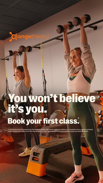 This ad for Orangetheory fitness studio features two women working out with dumbbells. It uses an image of real customer