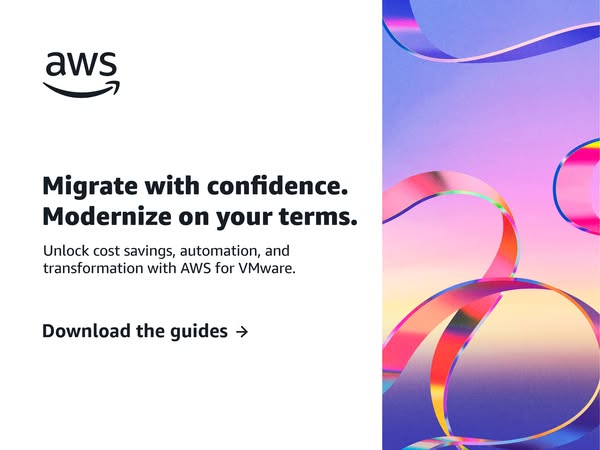 This image ad for AWS promotes its VMware migration guides. The ad highlights the opportunity to migrate with confidence