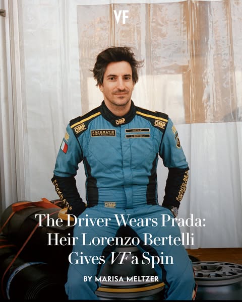 This ad features an image of Lorenzo Bertelli, heir to the Prada fashion house, wearing a racing suit and sitting on a c