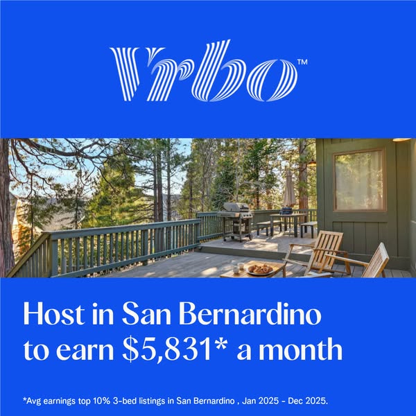 This ad is for Vrbo. It shows the exterior of a house with a deck on a sunny day. It encourages people to host in San Be