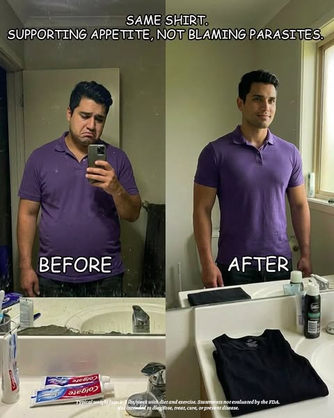 This image ad shows a split-screen before and after photo of a man, suggesting weight loss or body transformation. The l