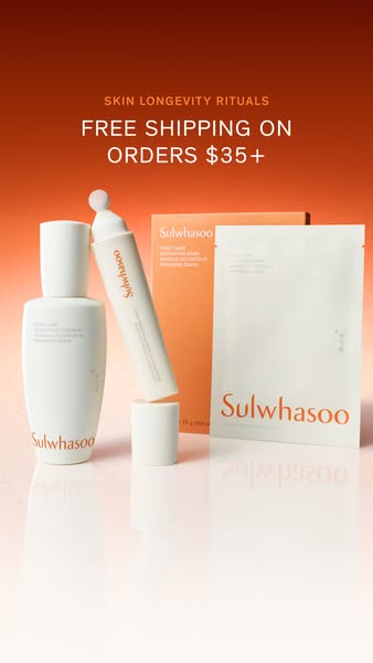 This ad showcases Sulwhasoo skincare products with an emphasis on achieving skin longevity. It highlights a free shippin