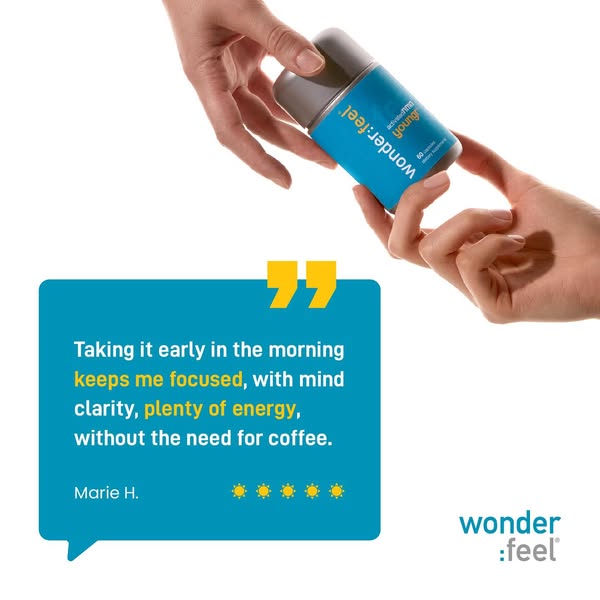 This image ad features a testimonial from a customer who uses Wonderfeel's Youngr supplement for increased focus, cl