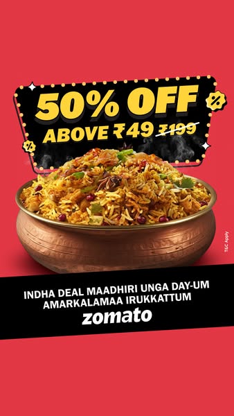 This image ad for Zomato uses a close-up shot of a bowl of biryani, combined with a bold offer for 50% off orders above
