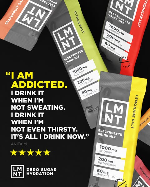 This image ad features a testimonial from a customer who claims to be addicted to LMNT electrolyte drink mix. The ad is 