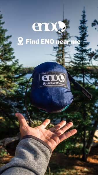 This ad for ENO features a person holding a packed hammock in front of a nature scene with a prompt to 'Find ENO nea