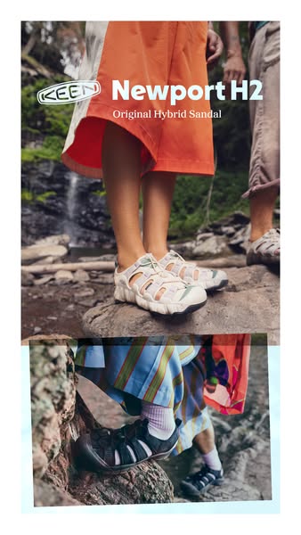 This ad features a split-screen showcasing two color options of KEEN's Newport H2 sandals, highlighting their suitab