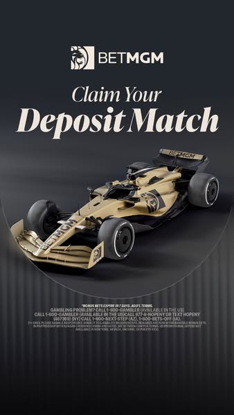 This BetMGM ad features a gold race car against a dark gray background. It promotes the brand's deposit match offer.