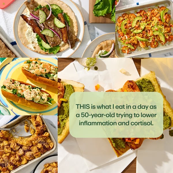 This image ad features a flatlay of multiple prepared dishes and a quote claiming that these are meals that a 50-year-ol