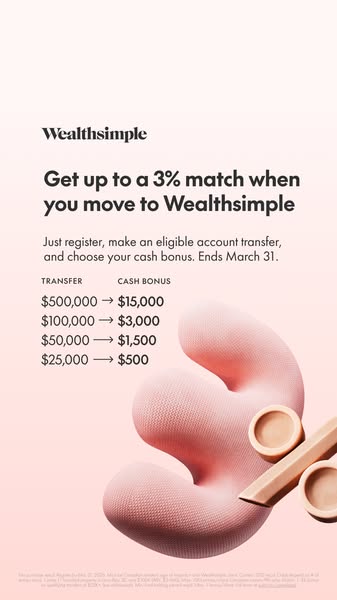 This Wealthsimple ad promotes an offer of up to a 3% match for customers who transfer their accounts to Wealthsimple. Th