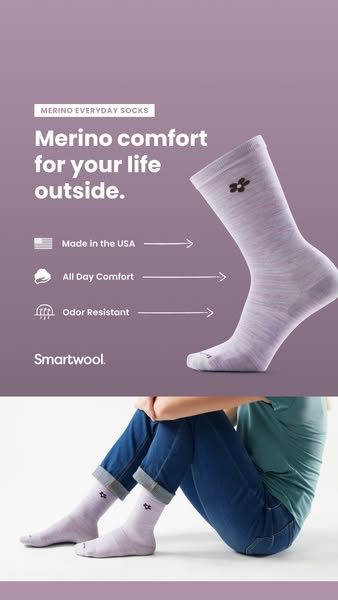 This ad showcases the comfort and quality of Smartwool's Merino Everyday Socks. It emphasizes their use of US-made m