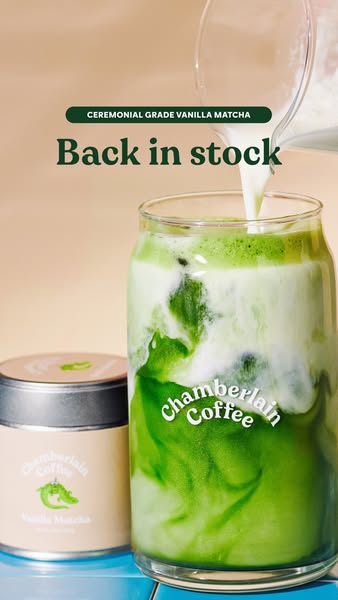 The ad showcases Chamberlain Coffee's Vanilla Matcha product, emphasizing its restocked status with a visual demonst