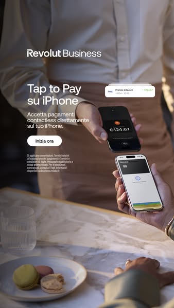 This ad promotes Revolut Business's tap to pay feature on iPhone, highlighting its contactless payment acceptance ca