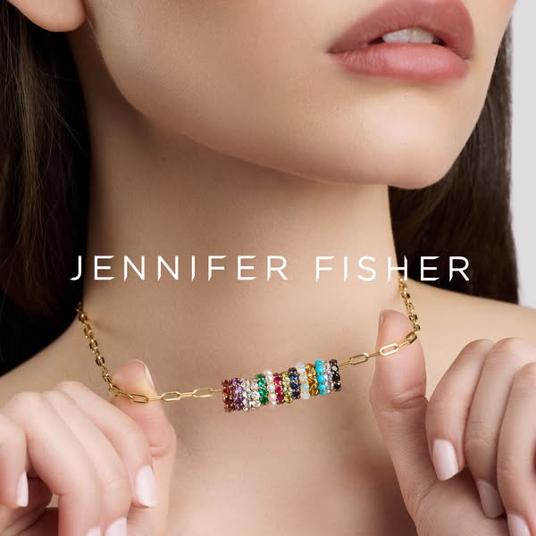 This ad showcases the Jennifer Fisher brand and its colorful choker necklace, targeting fashion-conscious women looking 