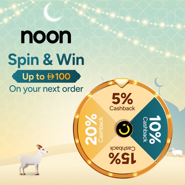 Image ad for Noon, a digital retailer, advertising a "Spin & Win" game offering up to 100 in savings on th
