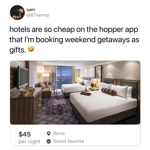 This ad uses a screenshot of a social media post to promote Hopper's cheap hotel rates. The post features a user nam