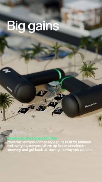 This ad promotes the Hypervolt 3 line of percussion massage guns. Set in a miniature resort, the ad highlights the produ