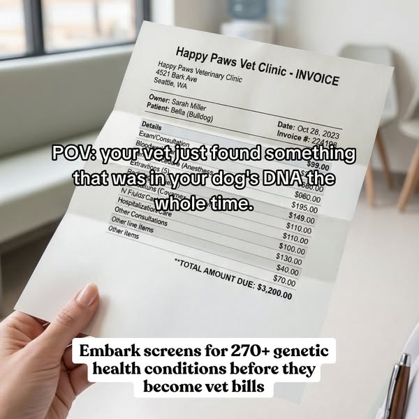 This ad uses a meme format to promote the Embark dog DNA test. It highlights the potential for unexpected and expensive 