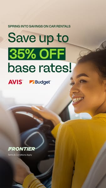 This ad promotes Frontier car rental services, offering savings of up to 35% off base rates with Avis and Budget.