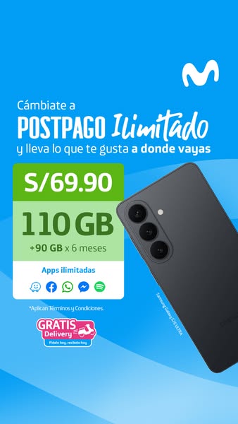 An ad promoting Movistar's unlimited postpay plan, offering a bundle of 110 GB of data, including an additional 90 G