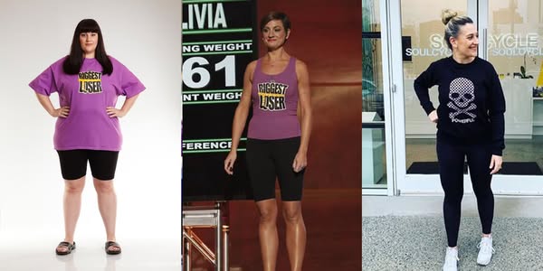 A photo of a woman is shown across three phases of weight loss. All three photos show the same woman wearing "The B