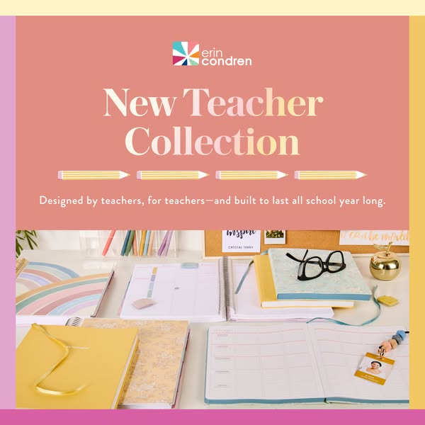 The ad promotes Erin Condren's new teacher collection with a photo of the products on a desk.