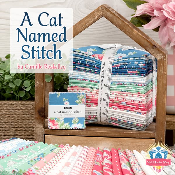 Image ad for Fat Quarter Shop featuring a coordinated fabric collection called "A Cat Named Stitch" by Camille