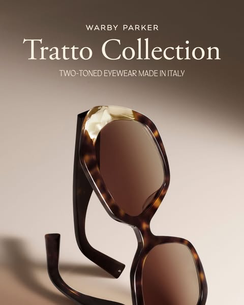 This ad showcases Warby Parker's Tratto Collection eyewear, emphasizing their two-toned design and Italian craftsman