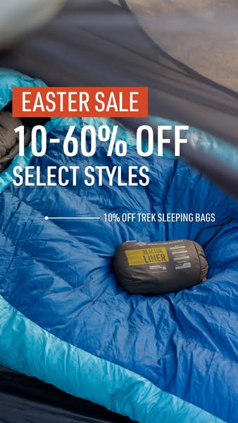 Ad featuring a sale announcement on a sleeping bag and trek sleeping bag from the Sea to Summit brand. The ad features t