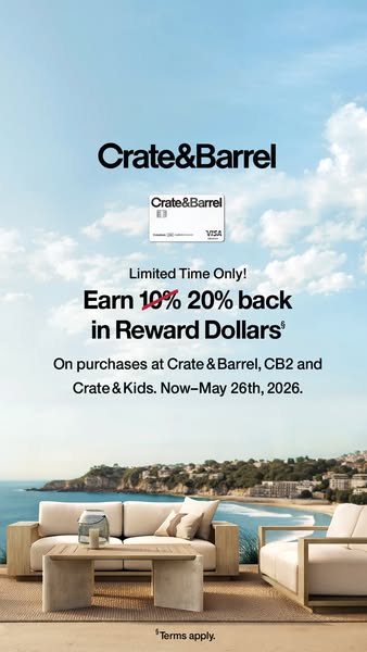 This ad promotes the Crate & Barrel credit card and the benefits of using it for purchases at Crate & Barrel, CB