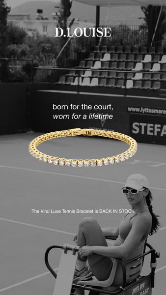 An ad for D.Louise that is shot on a tennis court featuring the brand's luxe tennis bracelet.